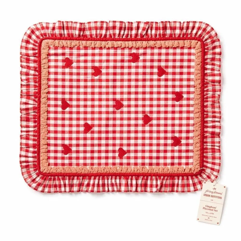 For Love & Lemons UO Gingham Ruffle Placemats Set Red Cottagecore Farmhouse NWT